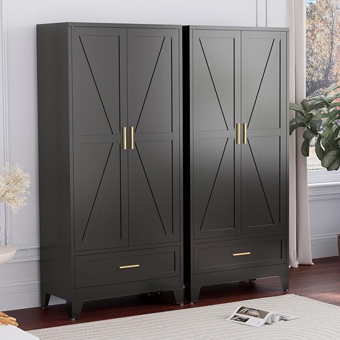 Black Metal Wardrobe Closet, Steel Armoire Wardrobe with Drawer Clothes Cabinet for Bedroom, 71" Tall Farmhouse Armoire Closet with Drawer, Shelf and 2 Doors Clothing Storage Cabinet with Hanging Rod
