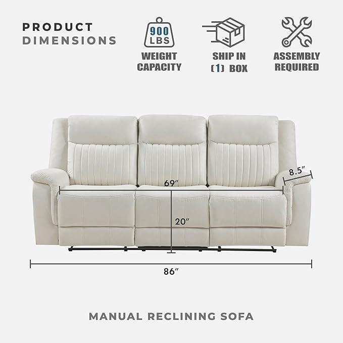 Lexicon Manual Double Reclining Sofa, Polished Microfiber Upholstered 3 Seater Manual Sofa Recliner for Living Room, Wall Hugger, Easy Assembly, Beige