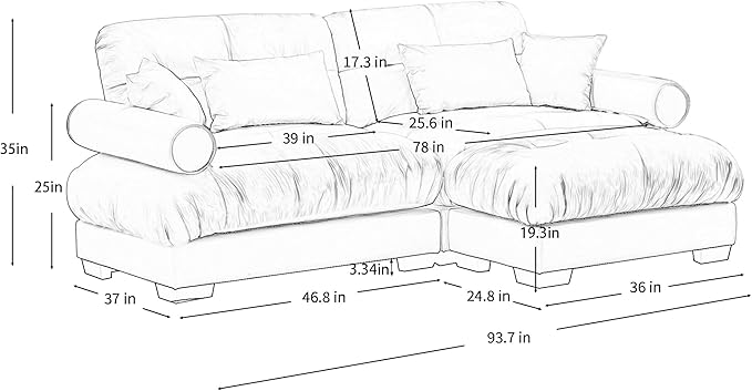 KEIKI 94" L-Shaped Oversized Velvet Modular Sectional Loveseat Sofa with 1 Ottoman, High-Density Foam Cushion, Bolstered Armrest, Upholstered 2-Seater Cloud Couch with 4 Pillow, for Living Room, Blue