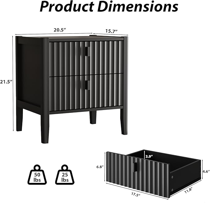 MAISONARIA 3-Piece Dresser Bedroom Set, 5 Drawer Dresser & 2 Drawer Nightstands with Metal Handles, Fluted Wood Chest of Drawers for Bedroom, Living Room, Entryway, Black