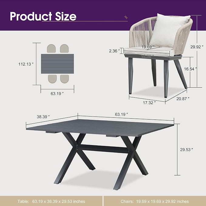 PURPLE LEAF 5 Pieces Patio Dining Set Wicker Outdoor Furniture Rectangular Table and Chairs Set for Garden Deck Aluminum Frame Backyard Kitchen Set, Cushions and Pillows Included Taupe - Image 8