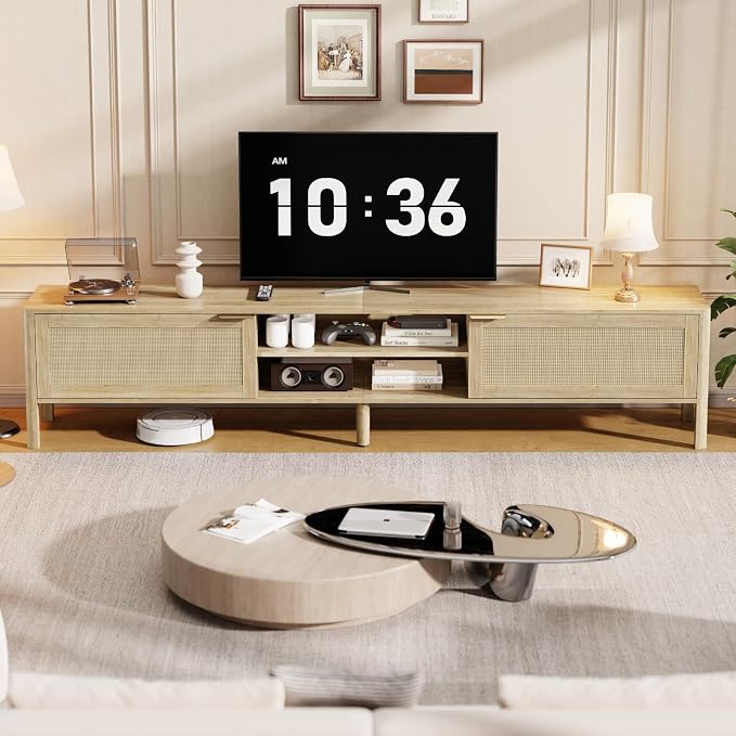 IKALIFE Rattan TV Stand for Living Room - Fits up to 80 Inch TVs, Rattan Media Console Table with Adjustable Shelves & 2 Storage Cabinets, Mid-Century Modern Entertainment Center, Oak 71" - Image 6