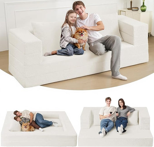 Futon Sofa Bed with Pillow, 3-in-1 Sleeper Sofa Bed with Removable Cover, Convertible Floor Sofa Bed, No Assembly Boneless Couch for Living Room, Bedroom