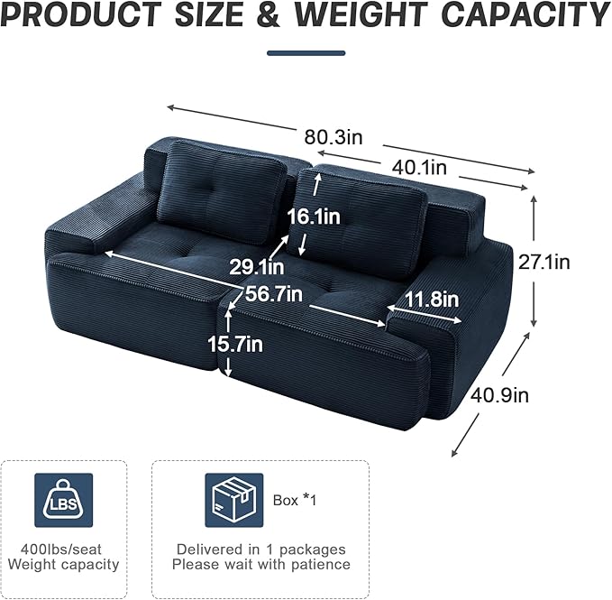 Casaphoria 80'' Corduroy Couch Sectional, 2 Seater Boneless Couches for Living Room, Green Modular Cloud Sofa with 2-Pillow, Extra Deep Seat Sofa with No Assembly