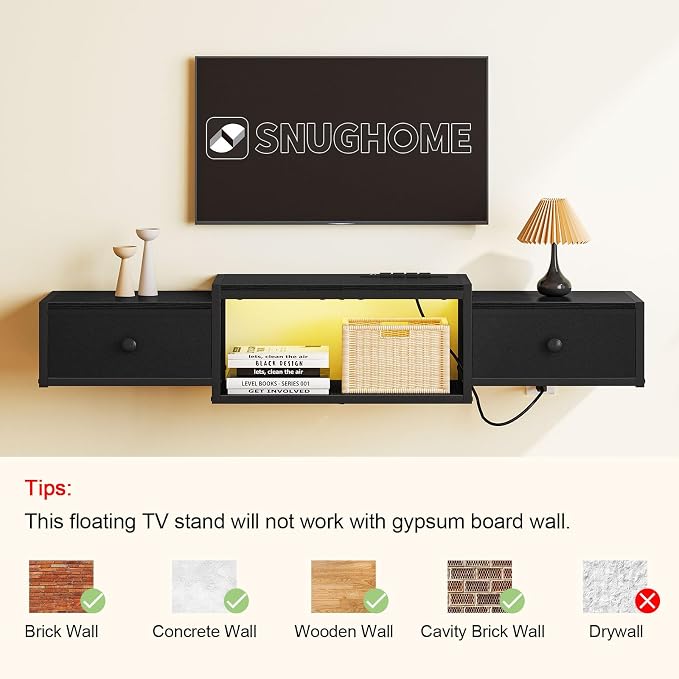 Snughome Floating TV Stand Wall Mounted with Power Outlet 55", Floating Entertainment Center with LED Lights, Floating TV Shelf with Drawer, Wall Mounted Media Console Shelf for Living Room, Bedroom - Image 7