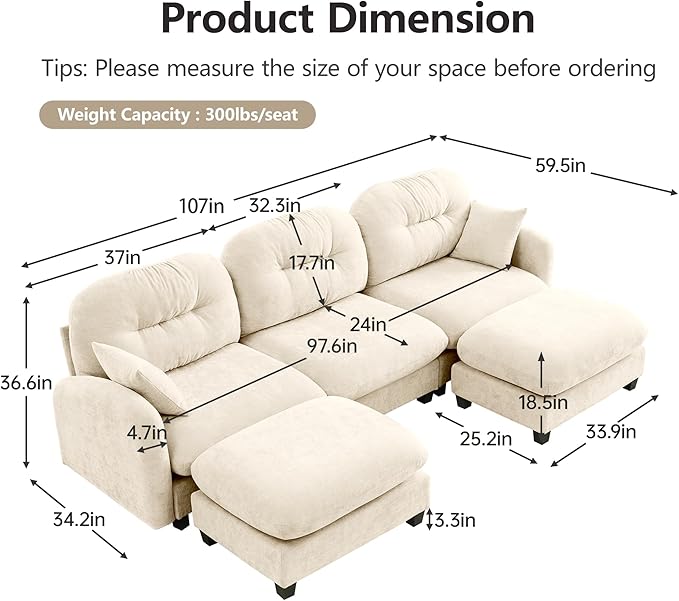 KEIKI 107" U-Shaped Oversized Chenille Modular Sectional Sofa with 2 Ottoman, High-Density Foam Cushions, Tufted Pleated Cushion Backrest, Modern 3-Seater Couch with 2 Pillow, for Living Room, Beige