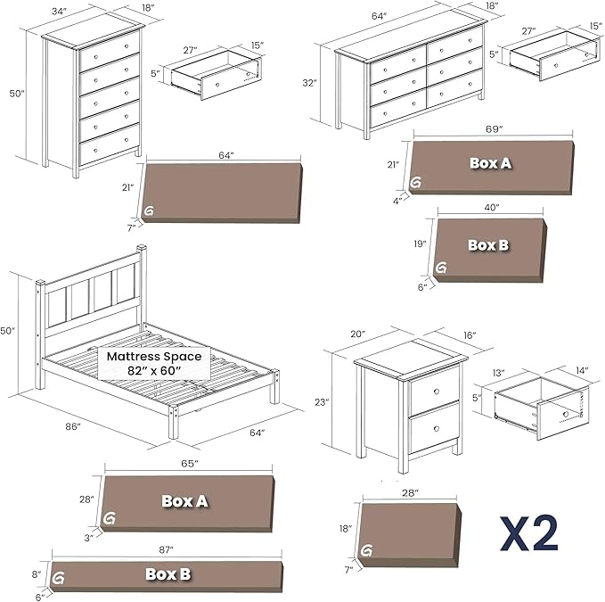 Grain Wood Furniture Shaker Solid Wood 5 Piece Bedroom Set in Expresso, Queen Bed