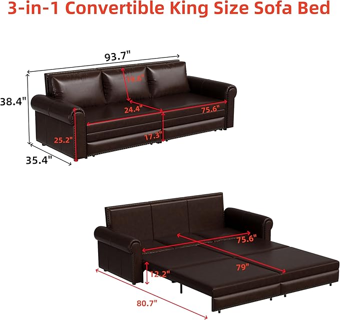 Eafurn 93.7" King Size Pull Out Sofa Bed, 3-in-1 Convertible Sleeper Sofa Couch Bed with Nailhead Decor and Rolled Arms, Faux Leather Oversized Chesterfield Loveseat Chaise Lounge
