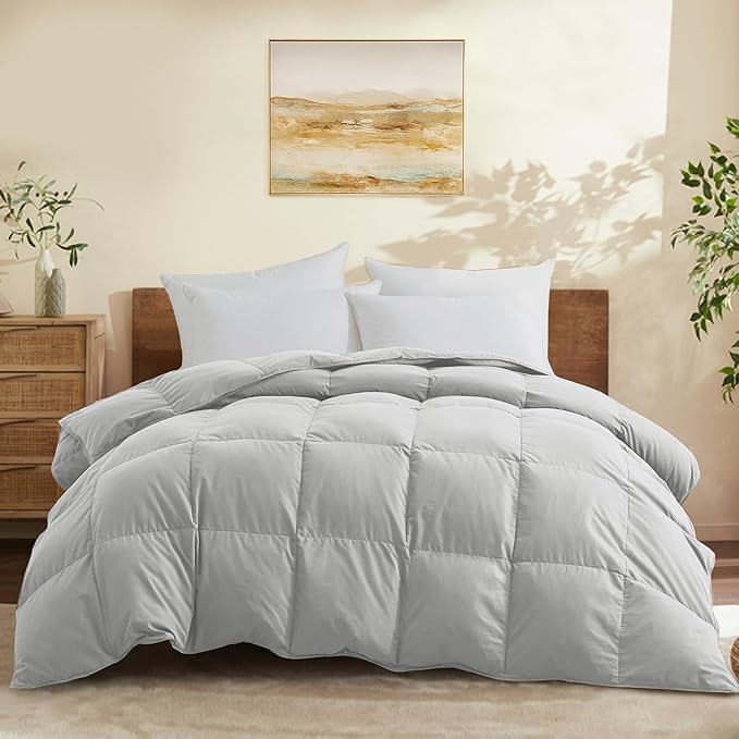 Joysoul California King Size Down Comforter - All Season Ultra Soft Goose Down & Feather Fiber Fill, Luxury Hotel Light Gray Duvet Insert with Corner Tabs (104" X 94")