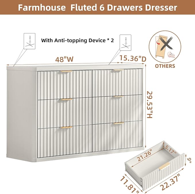 LEYAOYAO Fluted 6 Drawers Dresser Set of 2, 48" Wide Modern Chest of Drawers with Wood Grain Top, Curved Profile Design, Dresser TV Stand, Wooden Drawer Organizer for Bedroom, Living Room, White - Image 3