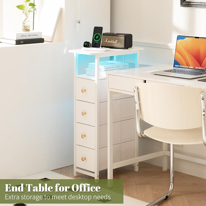 Yoobure LED Narrow Nightstand with Charging Station - Slim Dresser for Bedroom Narrow Side Table Storage Cabinet, Small Dressers Chest of Drawers, Tall Night Stand End Table for Small Spaces, White - Image 8