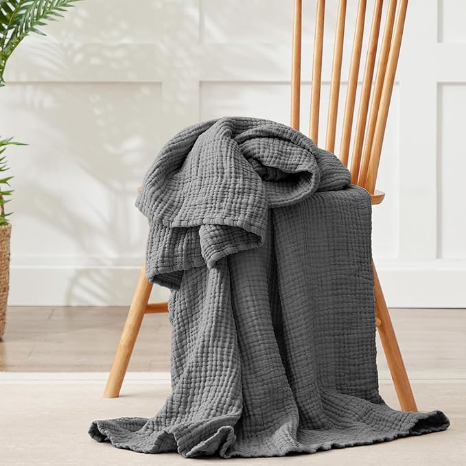 100% Cotton Muslin Blanket King 108" x 90", Breathable and Lightweight Cotton Throw Blankets for Bed, Soft Cooling Summer Gauze Blanket for Adults All Season, Charcoal Grey