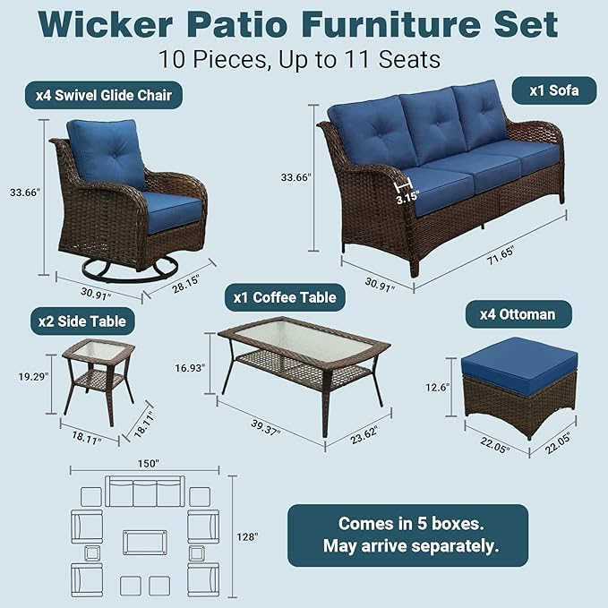 Patio Furniture Set, 12PCS Outdoor Wicker Conversation Set with 6" Thick Cushions, High Back Rattan Sofa & Swivel Rocker Chairs, Weather Resistant Olefin Fabric for Garden, Poolside, Navy Blue