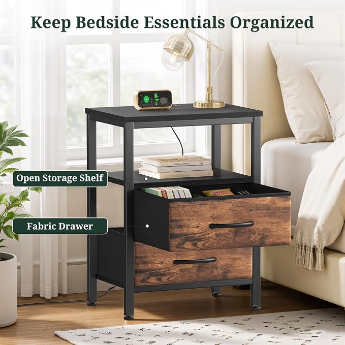 Nightstand with Charging Station, Bedside Table with USB Ports & Outlets, Small Dresser End Table with 2 Fabric Drawer and Open Storage Shelf, Wooden Top for Bedroom, Black & Brown - Image 4
