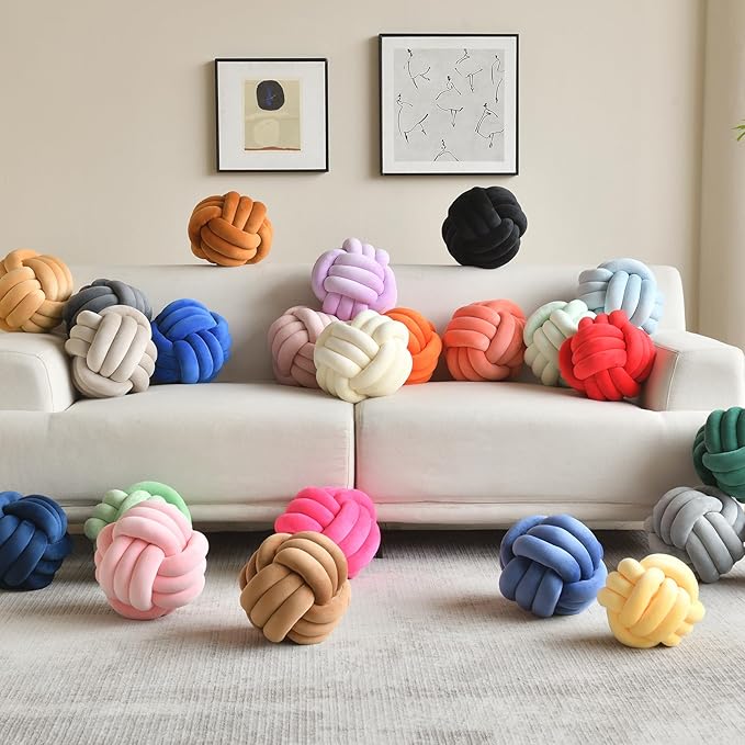 LUSJNGE Decorative Throw Knot Pillow Ball for Home Chair Sofa Couch Bed Aesthetic Round Velvet Knotted Pillow Cushion (Yellow, 11 inches)