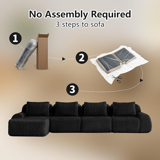 146" L-Shaped Compressed Sectional Cloud Sofa, Flannel Upholstered Modular Deep Seat Sofa with 5 Pieces, Modern Floor Boneless Foam Modular Cloud Couches for Living Room