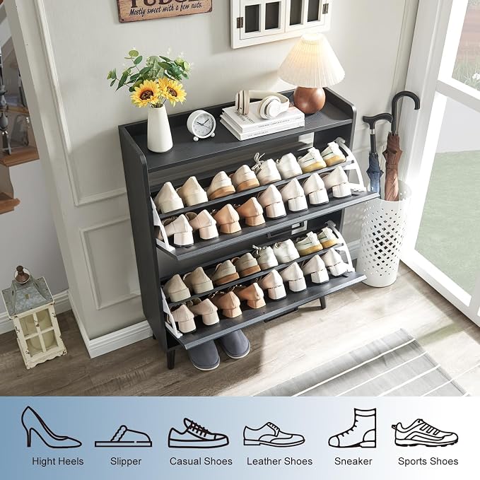 Barnyatoh Shoe Storage Cabinet with 2 Flip Drawers, Farmhouse Hidden Shoe Organizer, Narrow Slim Shoe Rack Cabinet for Entryway Hallway,Black - Image 5