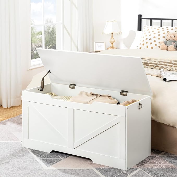 HOOBRO Storage Bench, 39.4” Retro Wooden Storage Chest with U-Shaped Cut-Out Pull, Safety Hinge, Supports 220 lb and Easy Assembly for Toy Box Organizer (White) WT771CW01 - Image 4