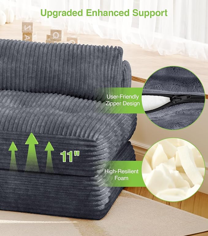 Plush Corduroy Folding Sofa Bed, Free Setup Floor Beds, 34" Boneless Couch for Small Spaces, Corner Chair, Convertible Sleeper Chair, Corner Couch, Foldable Sleeper Sofa Beds, Cloud Grey