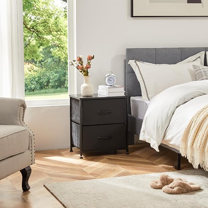 Simple Deluxe Nightstand 2 Drawers Dresser for Bedroom, 3-Tier Bedside Table with Fabric Bins, End Table for Living Room, Wood top Load-Bearing up to 44 lb, Black