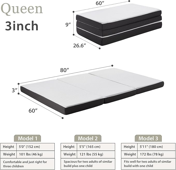 Tri Fold Memory Foam Foldable Mattress Queen, 3 inch Folding Mattress for Guest Sleep. Portable Trifold Mat with Removable Washable Cover, Floor Sleeping Mat for Adult and Kid