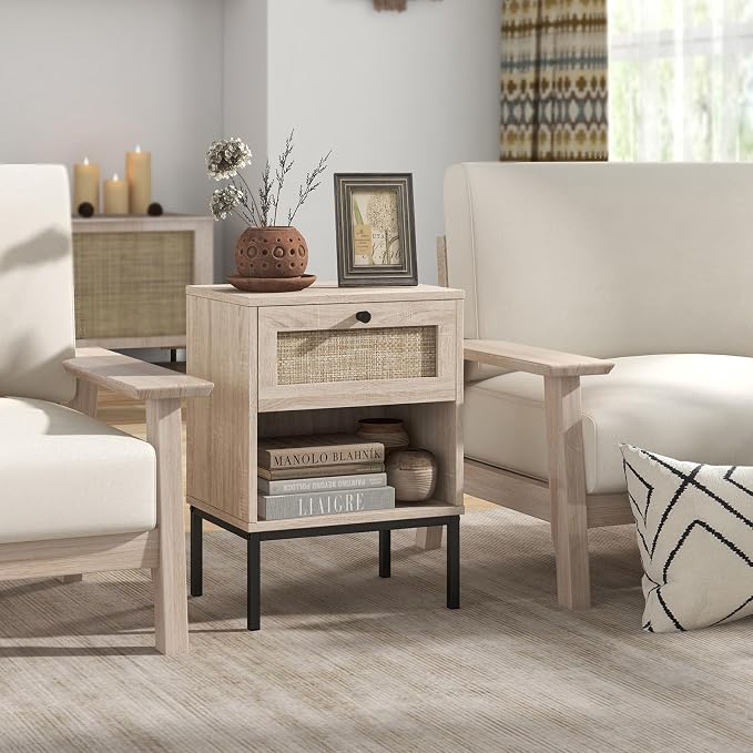 Giantex Rattan Nightstand with Drawer, Boho Side Table with 4 Metal Legs and Open Storage Shelf, Farmhouse Wood Night Stand for Small Spaces, 2 Tier Bedside Table for Bedroom Office, Oak - Image 2