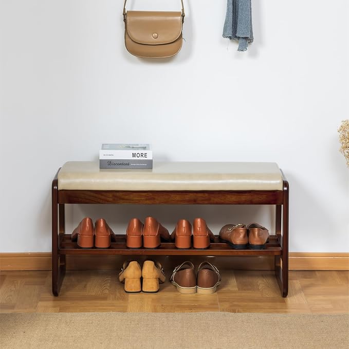 Solid Wood Shoe Bench, 2-Tier Entryway Bench with Cushion and Flip-Open Storage Box, Mid-Century Modern Shoe Bench Rack for Hallway, Mudroom(Gray, 31.5'') - Image 3