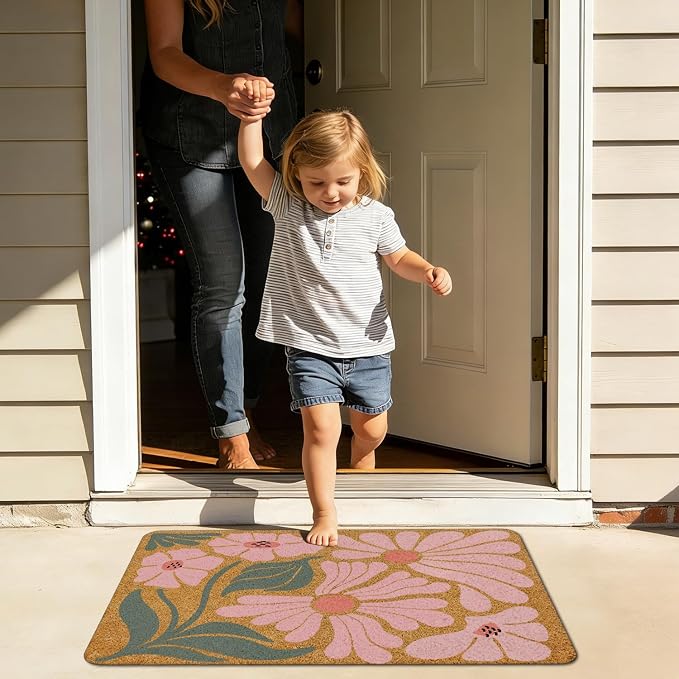 70s Retro Groovy Boho Pink Floral Faux Coir Door Mat Doormat for Front Door Indoor Outdoor Porch Entrance Entryway Outside Inside, Mid Century Modern Boho Flower Welcome Mat, 17x30 Inches - Image 2