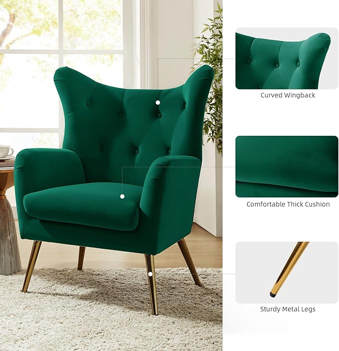 HULALA HOME Velvet Accent Chair Set of 2, Modern Wingback Arm Chair with Metal Gold Legs, Velvet Tufted Upholstered(Green)