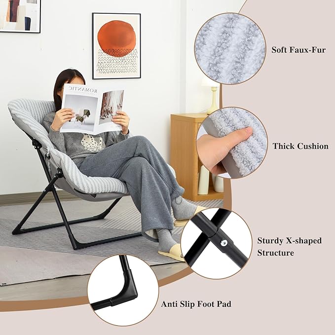 Comfy Saucer Chair for Adults, Soft Faux Fur Bedroom Chair, Accent Dorm Chairs, Flexible Living Room Reading Chairs, Oversized Folding Seat for Teens, X-Large, Stripe Grey