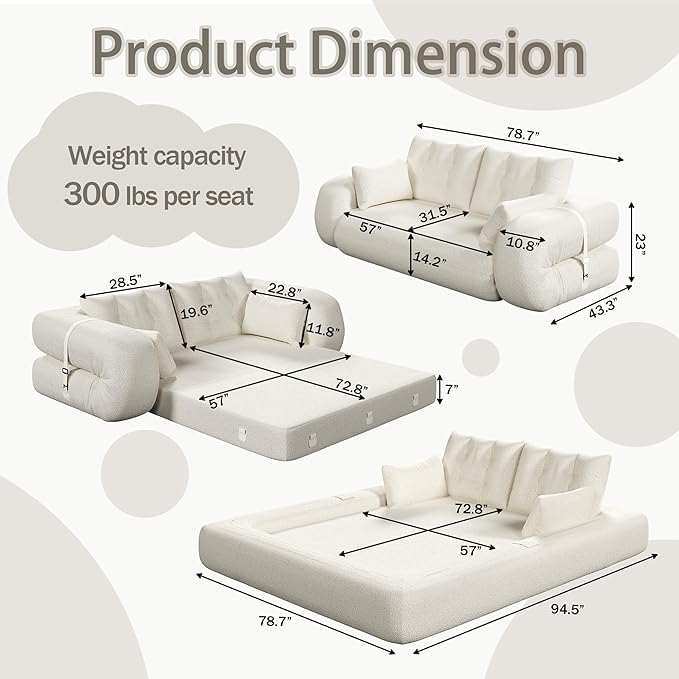 78.7" Convertible Sofa Bed, 3-in-1 Folding Floor Couch with 4 Pillows, Sleeper Sofa for Living Room and Guest Bed, No Assembly Required (Beige, Teddy Fabric)