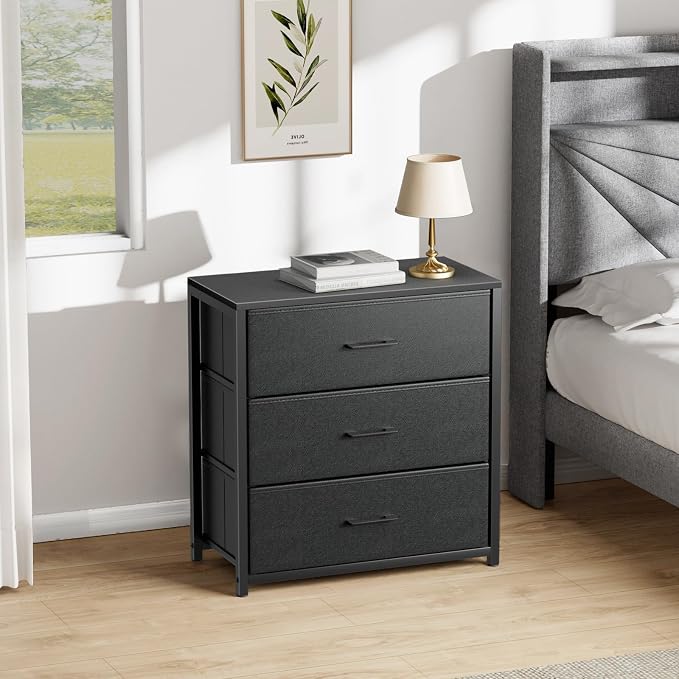 Memobarco Nightstand with 3 Drawers for Bedroom, Storage Dresser with Fabric Drawers and Metal Frame for Closet, Living Room, Bedside Table with Wood Top, Easy Pull Handle, Black - Image 8