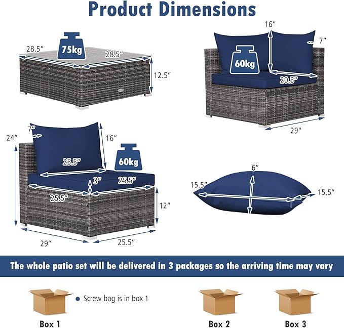 Tangkula 7 Piece Patio Wicker Furniture Set, Outdoor Rattan Sectional Sofa Set for 6 with Seat & Back Cushions, 2 Throw Pillows, Sofa Fastener Clips, for Backyard, Poolside, Deck and Garden (Navy)