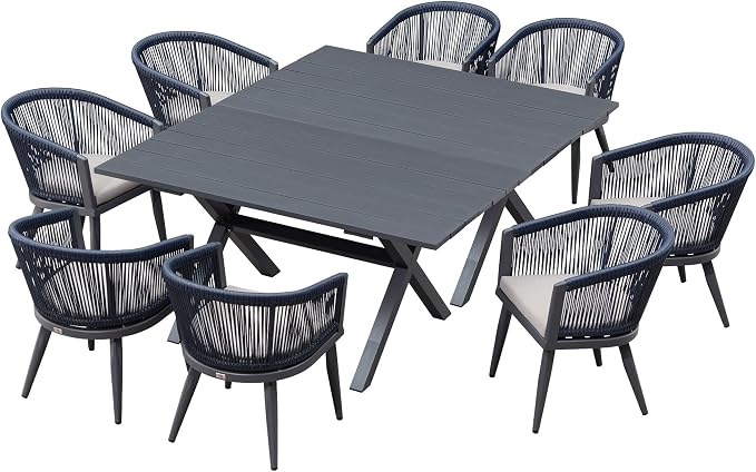 PURPLE LEAF Outdoor Dining Set for 8 All-Weather 10 Pieces Patio Aluminium Dining Oversized Table and Rope Weave Chairs Included Cushions for Backyard Indoor Kitchen Patio Furniture Set Gray and Navy by PURPLELEAF