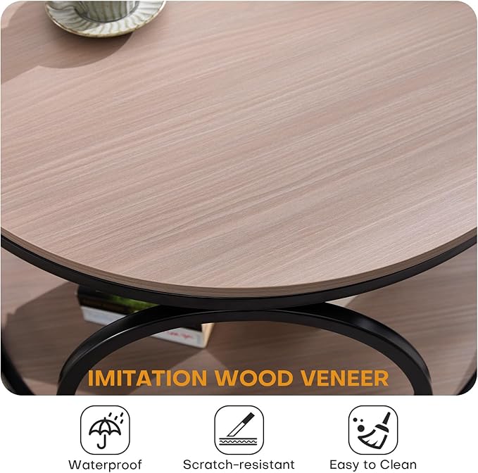 BECHAEO Small Side Table, 19.7" 2-Tier Round Bedside Table with Storage, Wood Industrial Design End Tables for Living Room, Bedroom, Office, Bathroom, Cream Brown