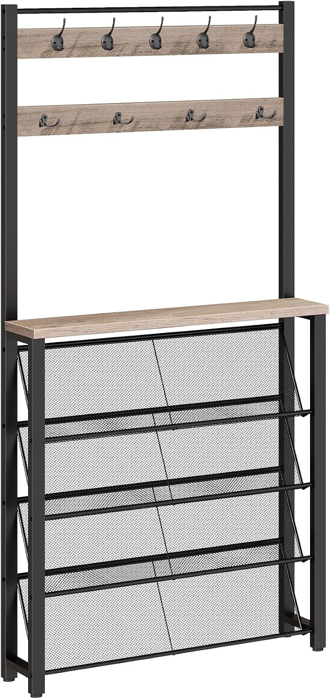 HOOBRO Hall Tree with Bench, Narrow Shoe Rack with Coat Rack, Coat Rack with Shoe Storage, 5 Tier Slanted Shoe Storage Organizer, Coat and Shoe Rack Entryway, Slim Hall Tree, Greige BG20MT01 - Image 9
