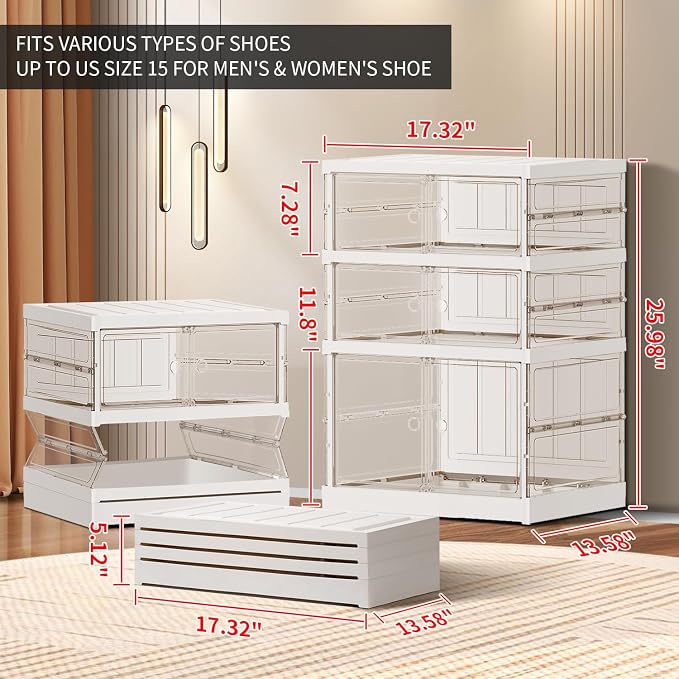 CIMLORD 3-Tier Foldable Shoe Rack for Closet Entryway 3-6Pairs,Stackable Clear Shoe Storage Boxes Organizer with Door Plastic Shoe Cabinet Bins with Lids Shoes Shelf Easy Assembly Large White - Image 2