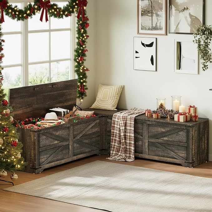 DWVO L-Shaped Storage Bench, 18" High Corner Dining Bench with Safety Hinges, Wooden Nook Chest for Living Room, Bedroom by DWVO