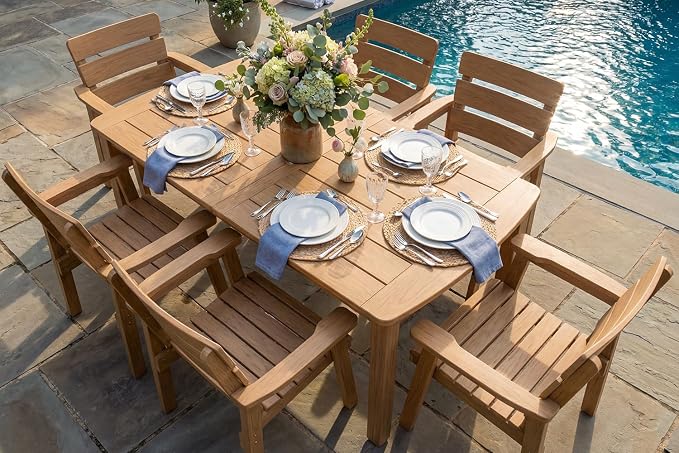 7-Piece Outdoor Dining Set, All-Weather HIPS Patio Table & Chairs for 6, Outdoor Furniture with Umbrella Hole, Ideal for Garden, Poolside, Backyard, Deck, Teak by Kibaso