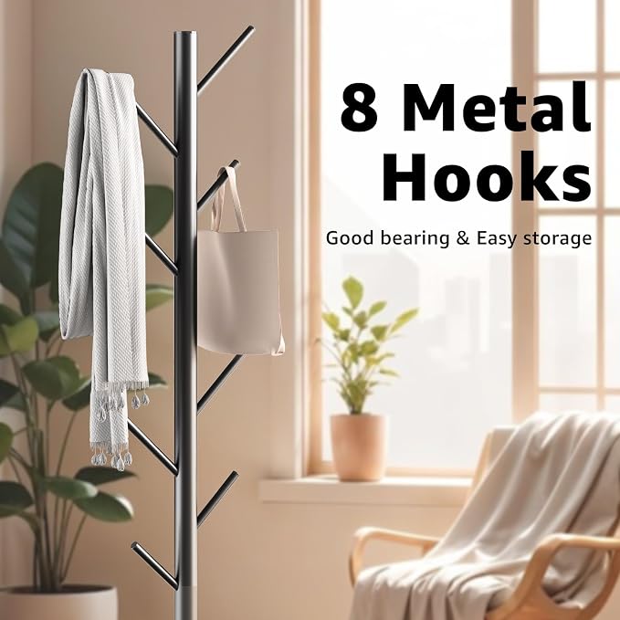 HzTinT Coat Rack with Natural Marble Base, Metal Freestanding Coat Rack with 8 Hooks, 3 Adjustable Size Sturdy Coat Tree for Bags, Coats, and Hats for Entryway, Hallway, Bedroom, Office, Black - Image 3