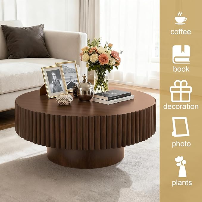 Rovibek Round Coffee Table, 31.5" Wooden Fluted Coffee Table with Fluted Base, Circle Accent Center Table for Living Room Apartment Office Small Space, Easy Assembly, Walnut