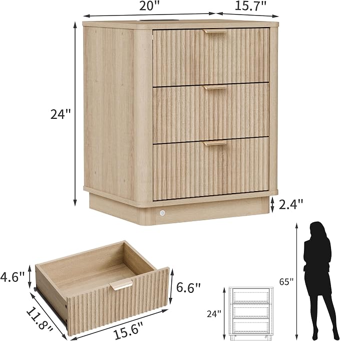 20'' Fluted Night Stand Set of 2, Curved Nightstands with Charging Station Lighting, Wood End Table with 3 Drawers, Modern Side Table Storage Cabinet for Bedroom Office,(2, Natural) - Image 3