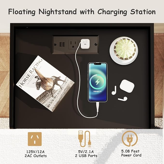 Arbuxzuy Floating Nightstand Set of 2, Wall Mounted Nightstand with Charging Station, Floating Bedside Table with Drawer, Minimalist Wooden Floating Night Stand for Bedroom (Black) - Image 3