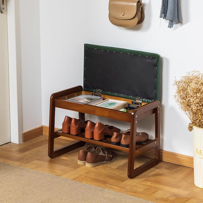 Solid Wood Shoe Bench, 2-Tier Entryway Bench with Cushion and Flip-Open Storage Box, Mid-Century Modern Shoe Bench Rack for Hallway, Mudroom(Green, 21.65'') by SOBIBO