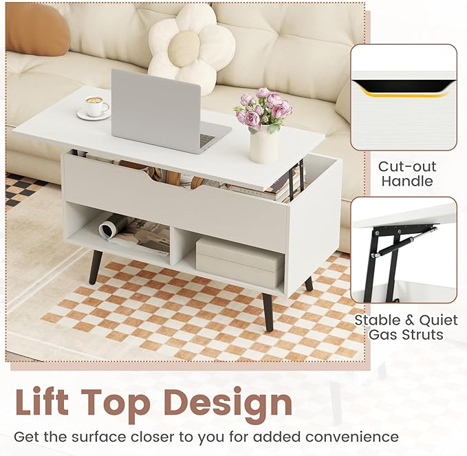 Tangkula Lift Top Coffee Table, Modern Cocktail Table with Hidden Compartment & 2 Open Shelves, Flip Top Center Table, Wooden Pull up Coffee Table for Living Room, Reception Room, Office (White)