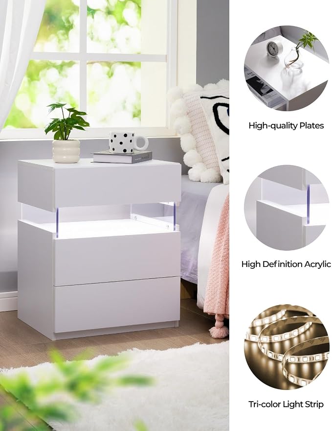 Bingoday White LED Nightstands Set of 2 Modern Night Stand Set 2 Bedside Table with 3 Drawers for Bedroom End Side Table - Image 3