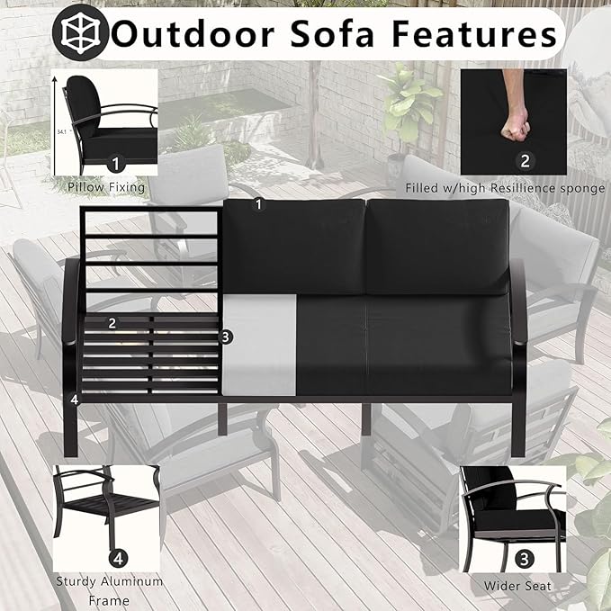 Aluminum Patio Furniture Set with Fire Pit Table, 7 Seats Outdoor Patio Conversation Sets with Swivel Chair Modern Metal Sectional Sofa with Upgrade Cushions for Patio, Backyard - Black