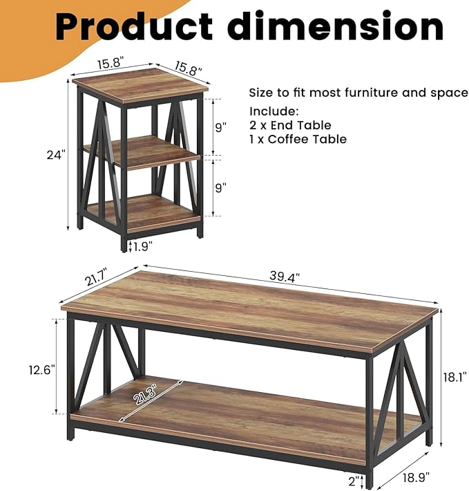 Bigbiglife Living Room Coffee Table Set of 3, Industrial X-Design Coffee Table and 2 End Side Tables, 3 Piece Living Room Table Set with Large Storage for Apartment Home (Wood Grain)