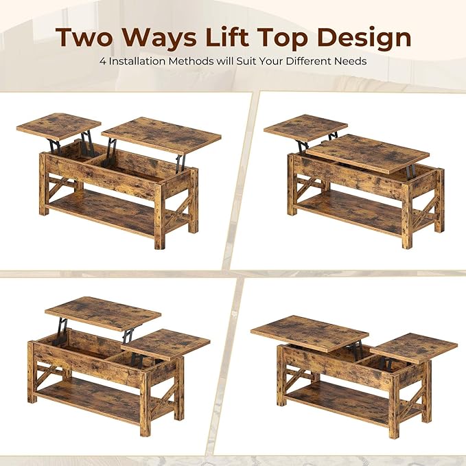 Rolanstar Coffee Table 47.2", 2 Way Lift Top with Hidden Compartment, Lift Top Coffee Table with Open Shelf & X Wooden Support, Center Table for Living Room, Rustic Brown