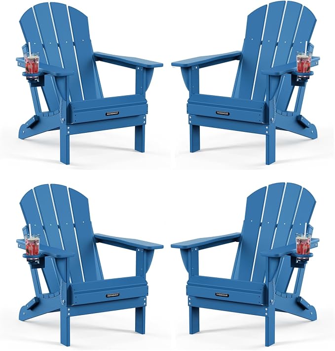 MUCHENGHY Folding Adirondack Chairs HDPE Weather Resistant 4 Pack, Patio Firepit Chairs, Sturdy Outside Chair, Lawn Chairs, 15min Assembly 380lb, Royal Blue by MUCHENGHY